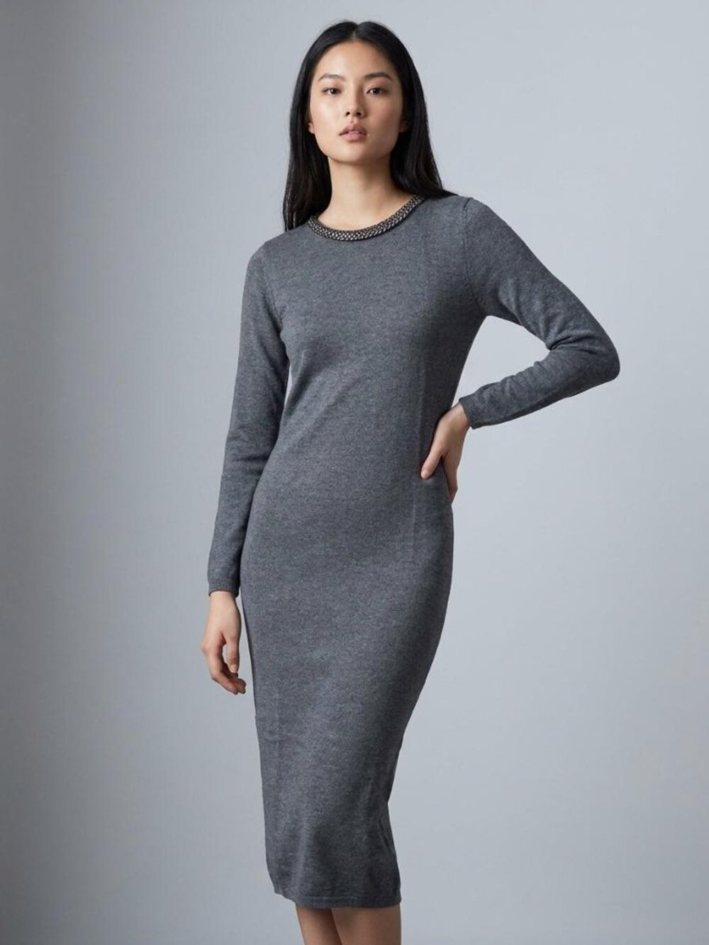 Zara Knit Gray Embellished Chain Collar Midi Dress